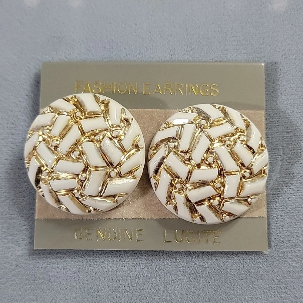 Lucite White and Gold Dome Pierced Stud Vintage Earrings